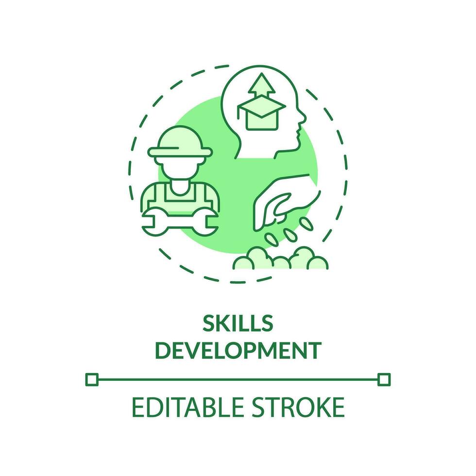 Skills development green concept icon. Growing plants. Harvesting crop. Operating equipment. Agriculture education. Round shape line illustration. Abstract idea. Graphic design. Easy to use vector