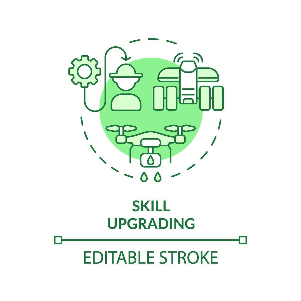 Skill upgrading green concept icon. Automation technology. Skilled workforce. Farm worker. Farming tech. New knowledge. Round shape line illustration. Abstract idea. Graphic design. Easy to use vector