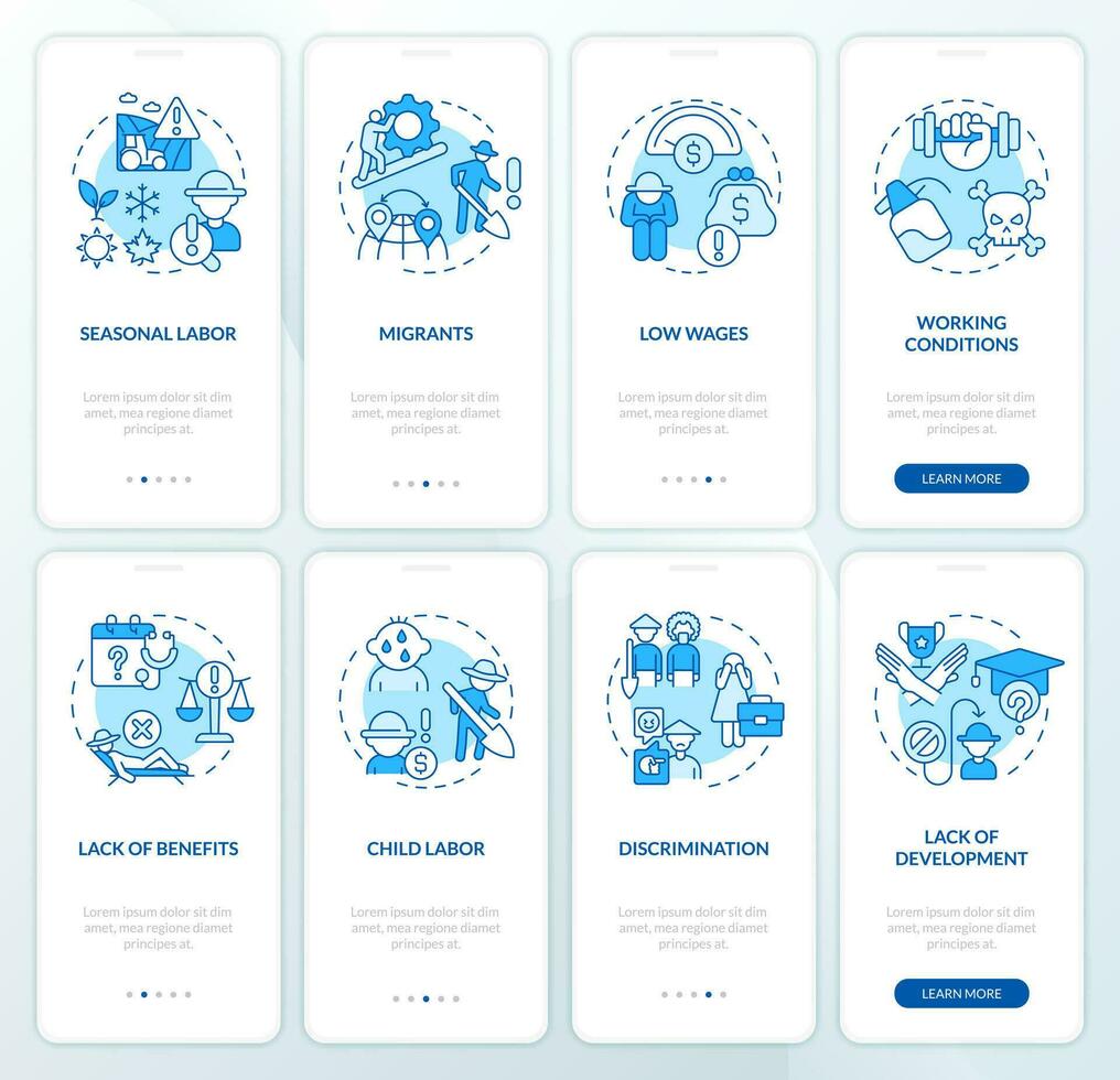 Labor problems in agriculture sector blue onboarding mobile app screen set. Walkthrough 4 steps editable graphic instructions with linear concepts. UI, UX template vector