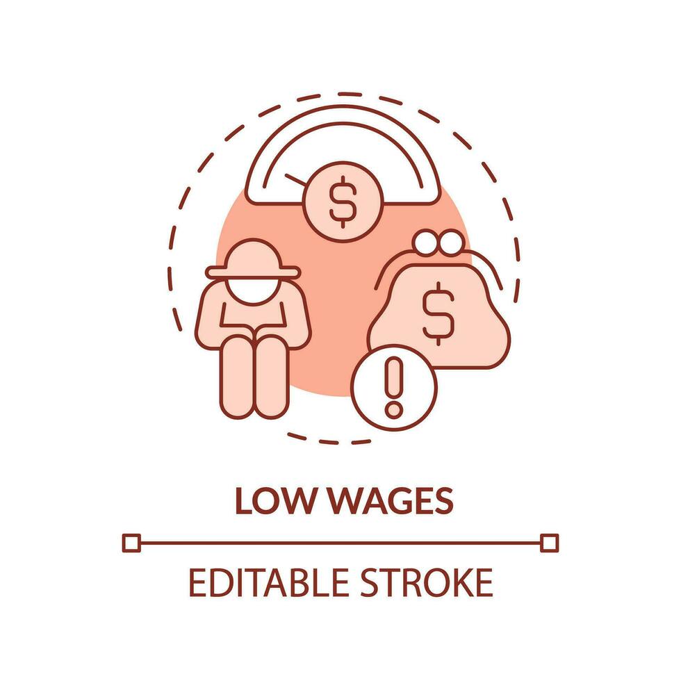 bajo salario rojo concepto icono. mínimo ingreso. No dinero. manual trabajar. financiero problema. granja obrero. labor mercado. redondo forma línea ilustración. resumen idea. gráfico diseño. fácil a utilizar vector