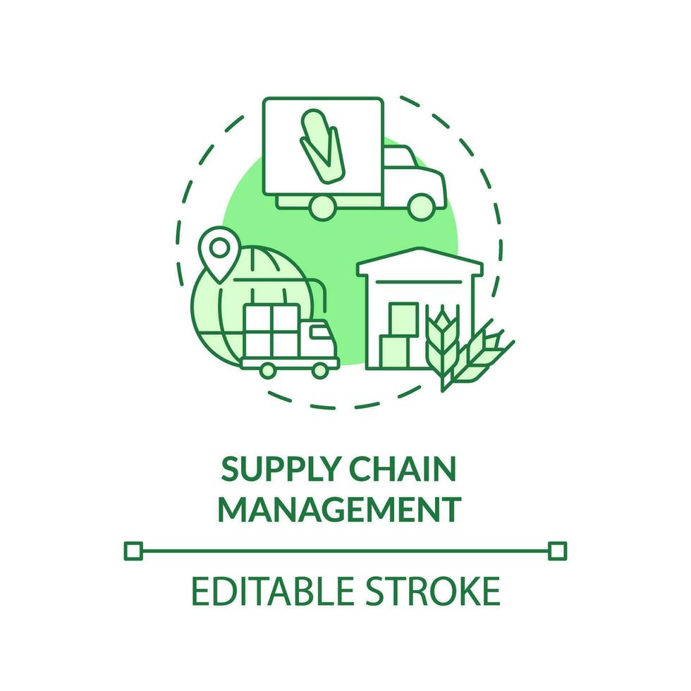 Supply chain management green concept icon. Farm to table. Food transportation. Inventory control. Agriculture business. Round shape line illustration. Abstract idea. Graphic design. Easy to use vector