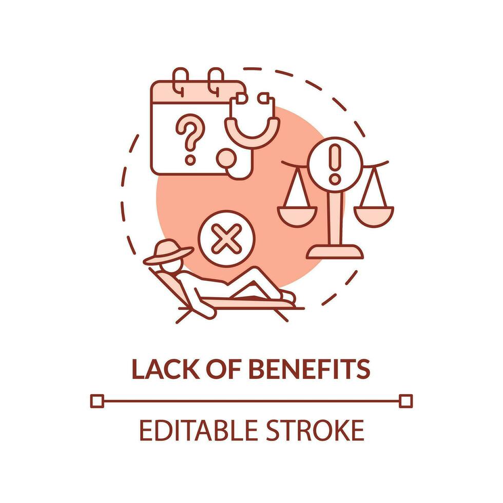 Lack of benefits red concept icon. No social protection. Limited access. Agriculture worker. Overtime work. Round shape line illustration. Abstract idea. Graphic design. Easy to use vector