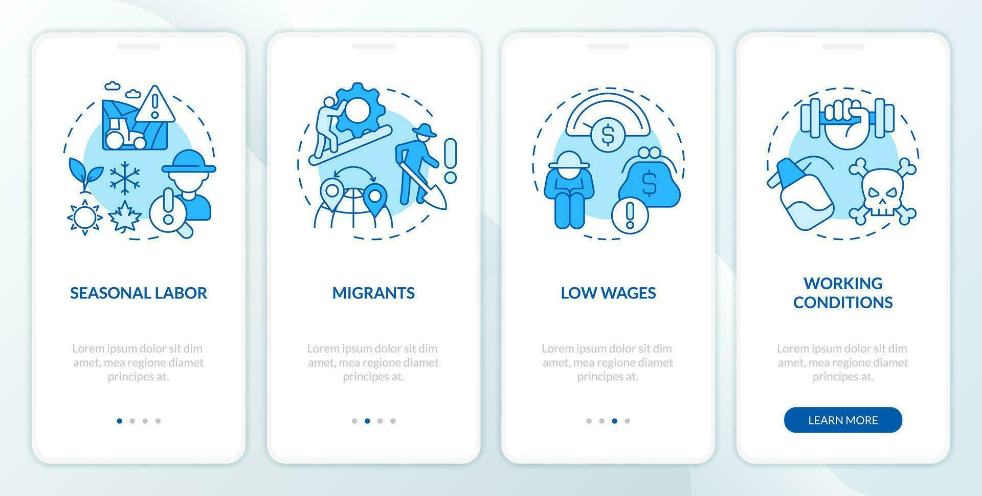 Labour issues in agriculture blue onboarding mobile app screen. Farm industry walkthrough 4 steps editable graphic instructions with linear concepts. GUI template vector