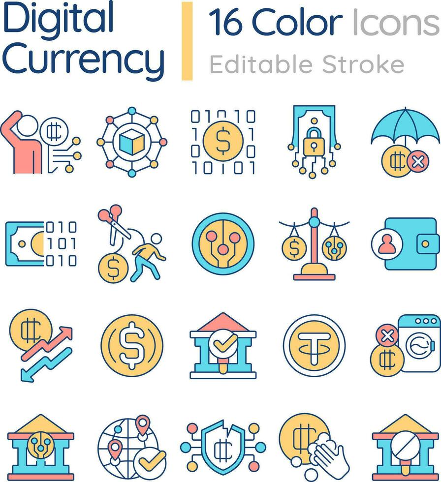 2D editable big line icons set representing digital currency, isolated vector, multicolor linear illustration. vector
