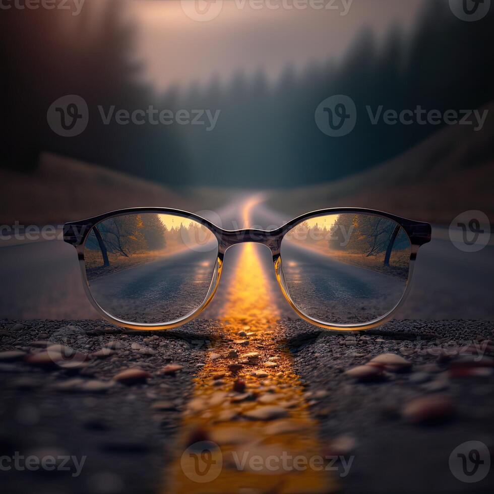 a pair of glasses sitting on the road photo