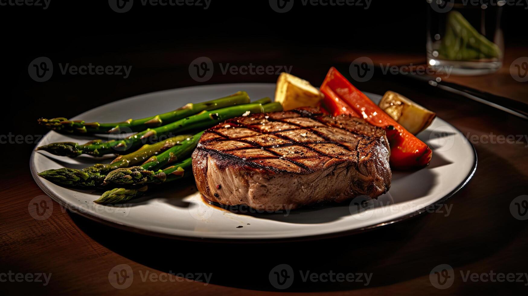 a steak and asparagus on plate photo