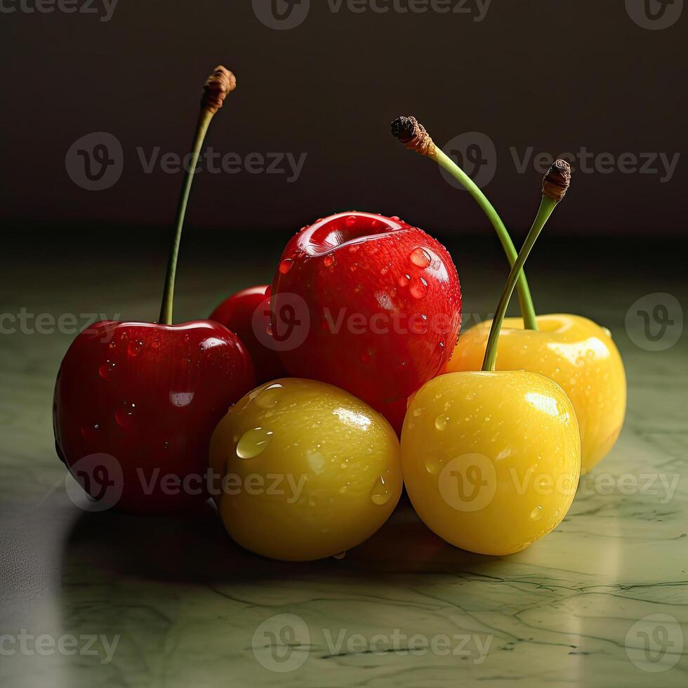 a group of cherries on table with water droplets photo