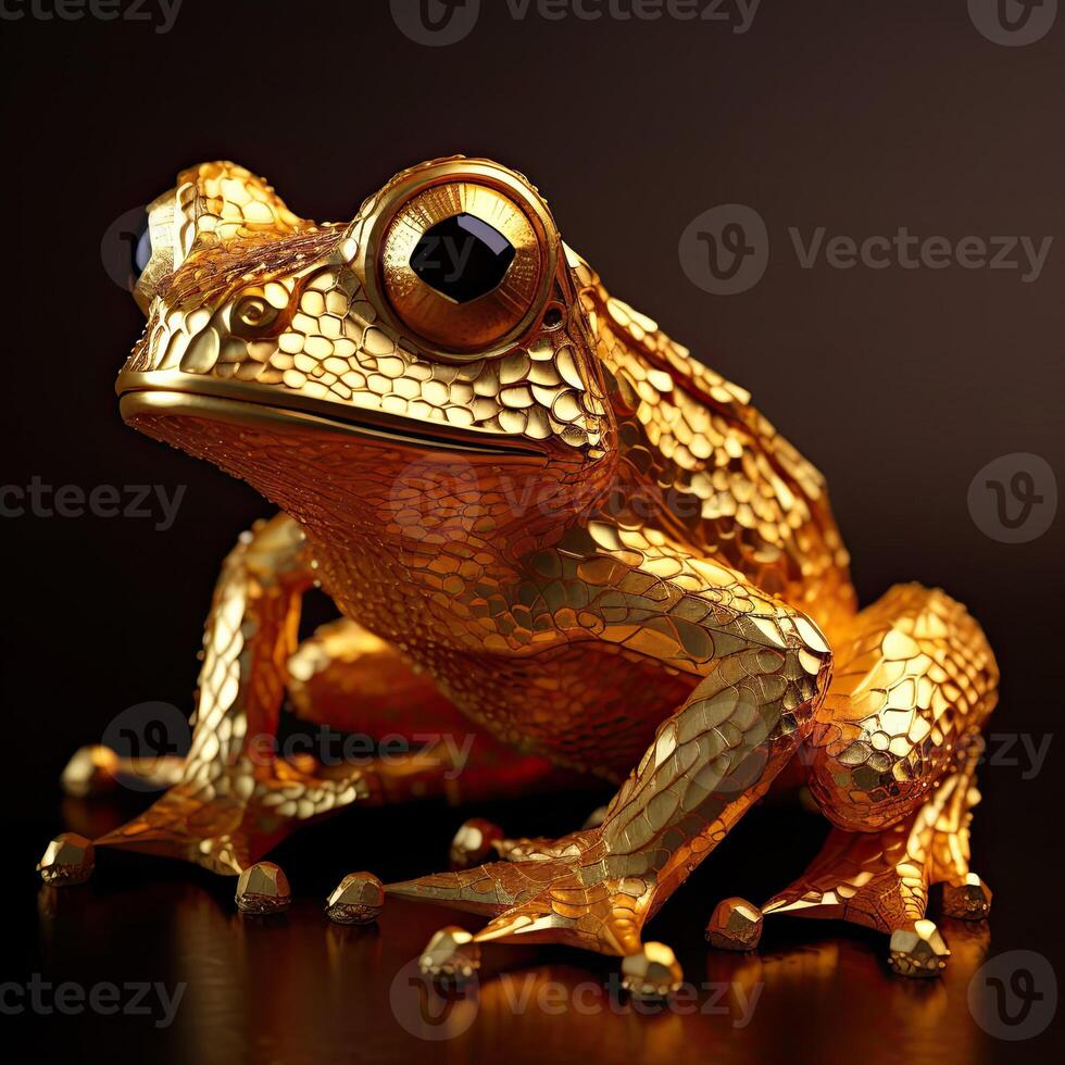 a gold frog with black eye sitting on table photo