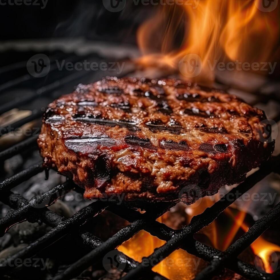 a meet is cooking on grill with flames in the background photo