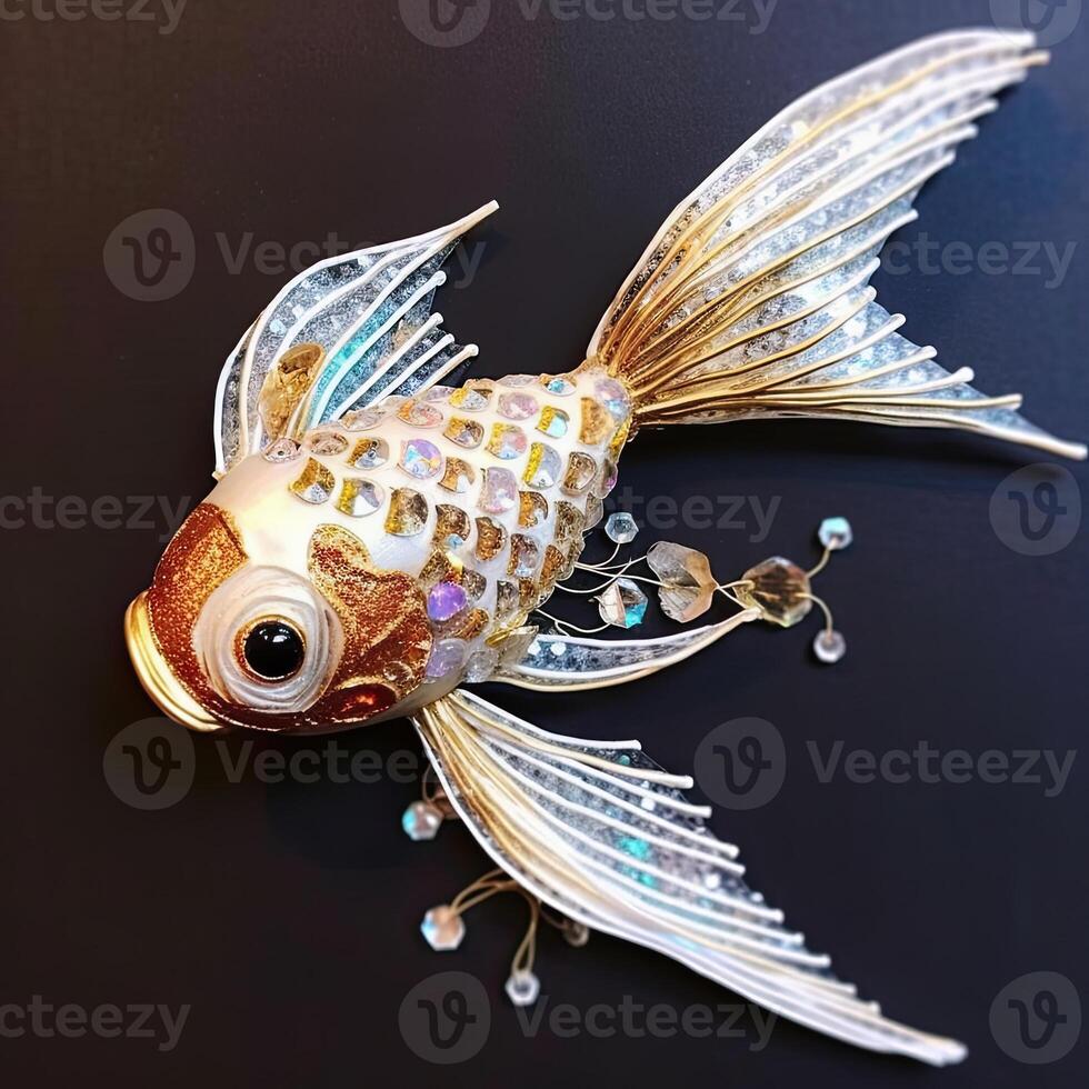 a gold and white fish with black background photo