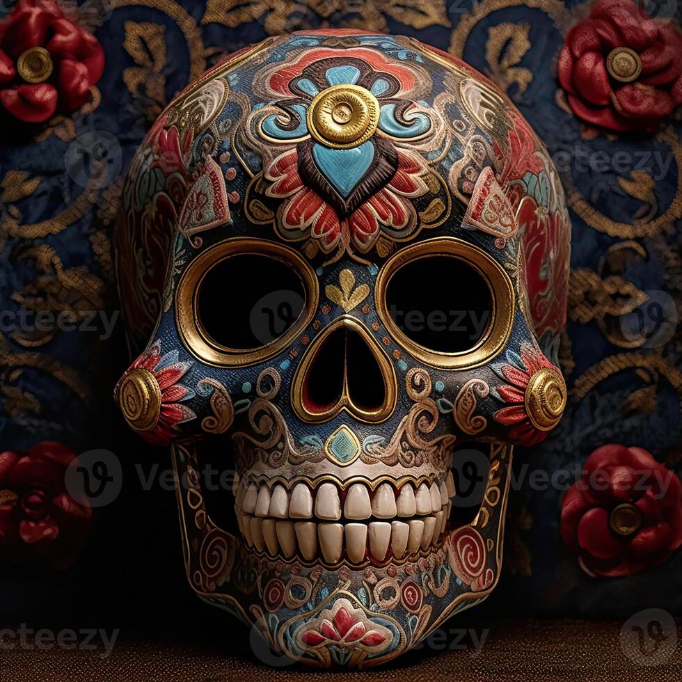 a colorful skull with ornate decorations on it's face and eyes photo