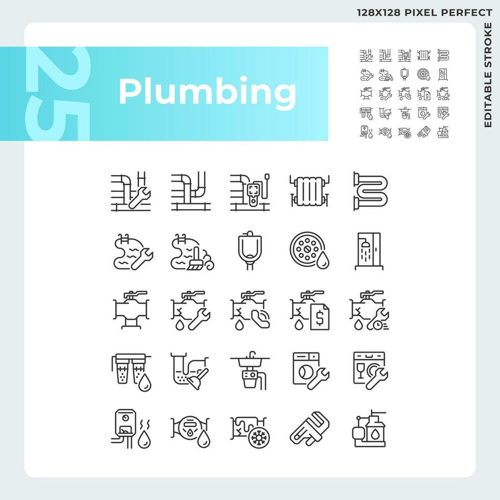 Pixel perfect black icons set representing plumbing, editable thin line illustration. vector