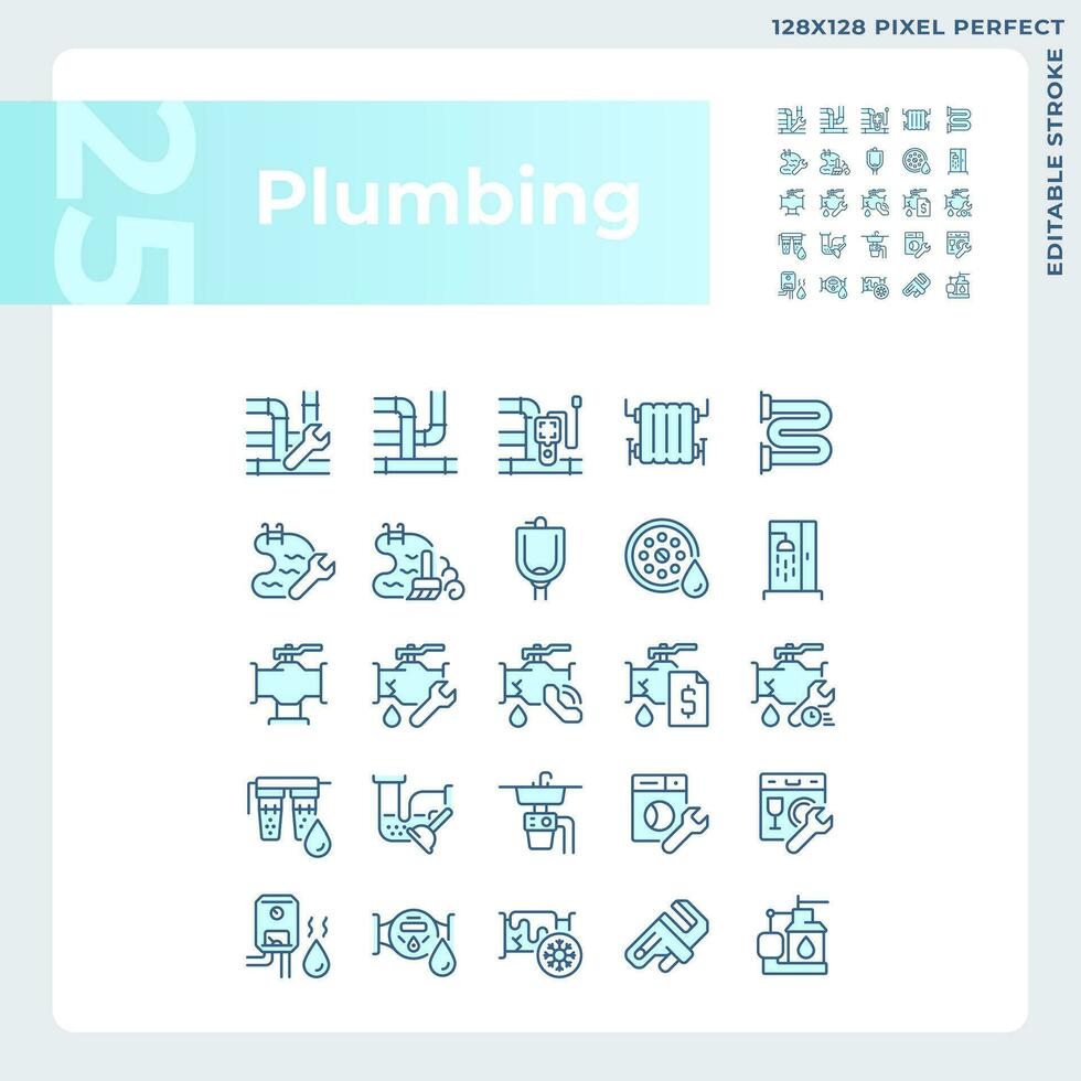 Pixel perfect blue icons set representing plumbing, editable thin line illustration. vector