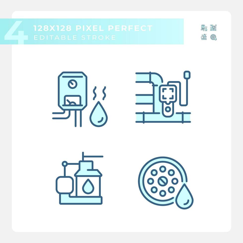 Pixel perfect set of blue icons representing plumbing, editable thin line illustration. vector