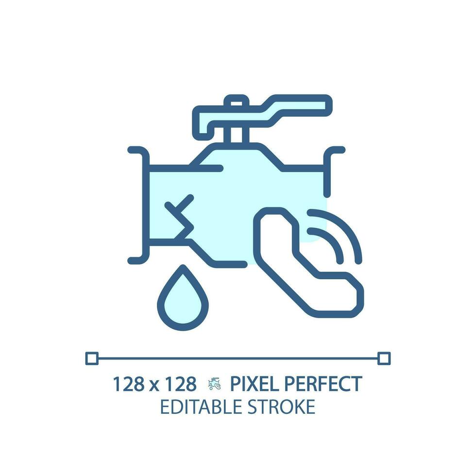 2D pixel perfect editable blue icon pipe leakage with call icon, isolated vector, thin line illustration representing plumbing. vector