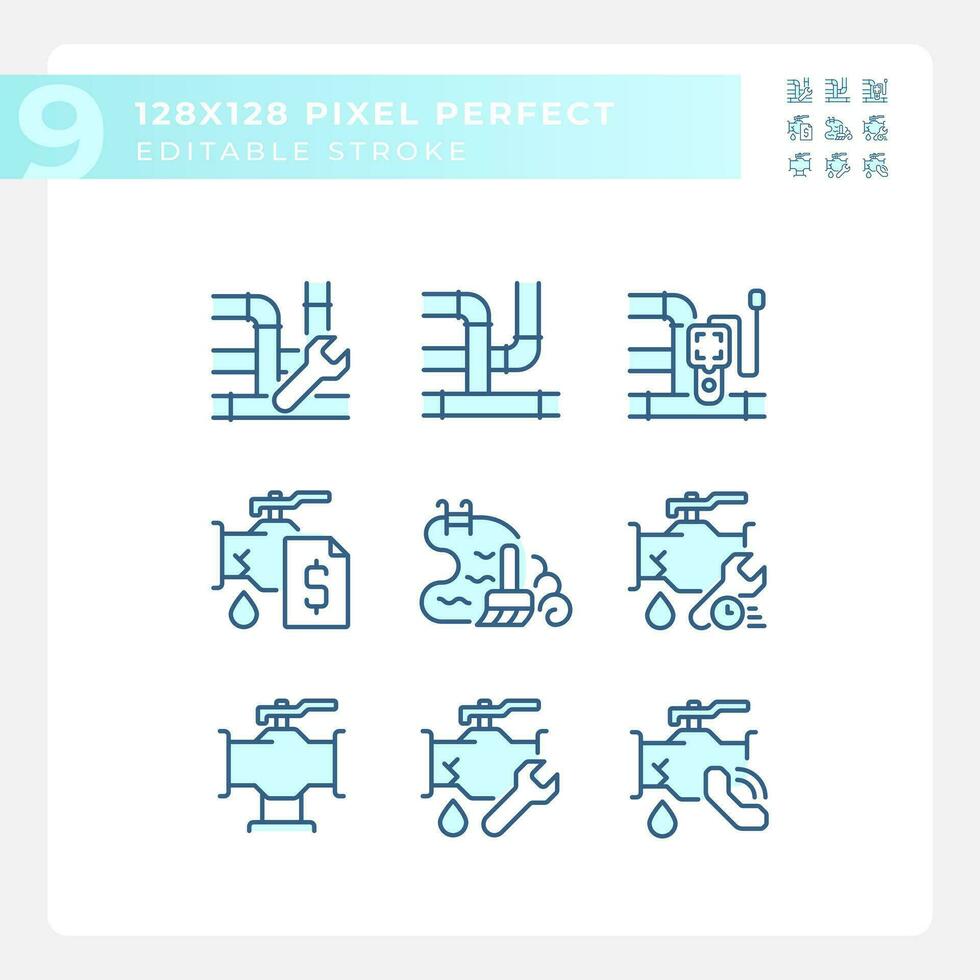 2D pixel perfect blue icons set representing plumbing, editable thin line illustration. vector