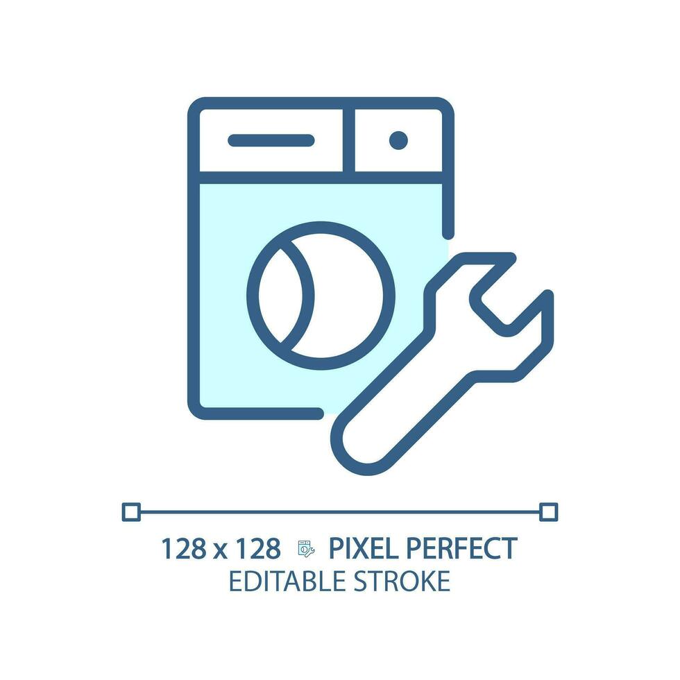 2D pixel perfect editable blue washing machine repair icon, isolated vector, thin line illustration representing plumbing. vector