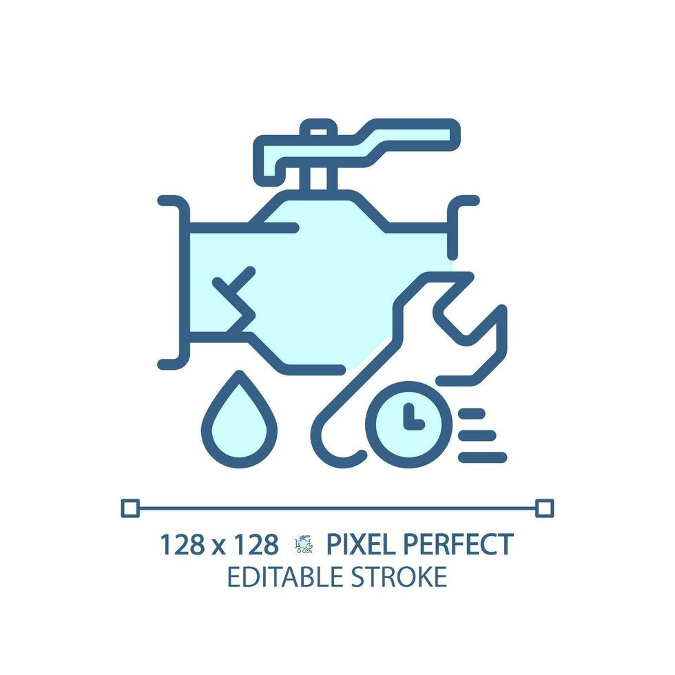 2D pixel perfect editable blue pipe leakage with time and wrench icon, isolated vector, thin line illustration representing plumbing. vector