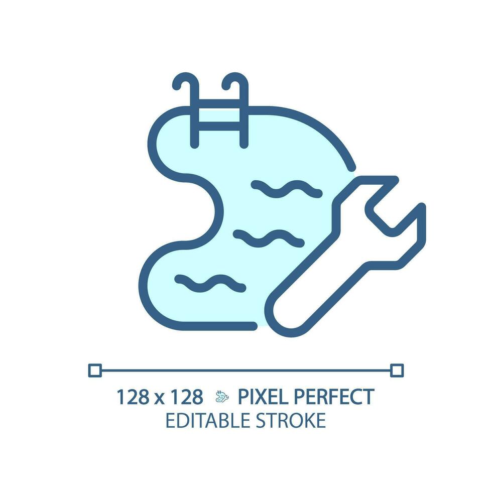 2D pixel perfect editable blue swimming pool maintenance icon, isolated vector, thin line illustration representing plumbing. vector