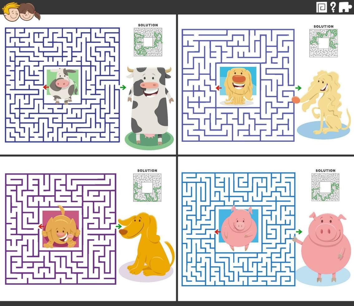 maze activities set with cartoon dogs and farm animals vector