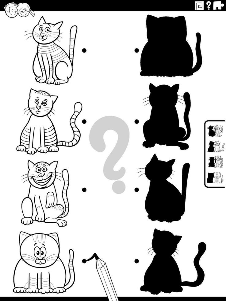 shadow game with cartoon cat characters coloring page vector
