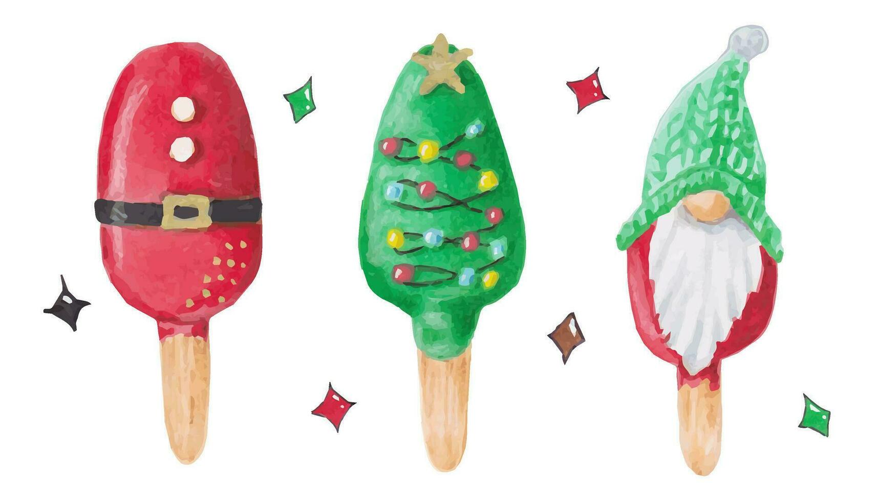 A set of cakes or ice creams for Christmas and New Year. Santa, Christmas tree, Dwarf. For designers, food design, store menu.Set of simple sweet cakesickles.Handmade isolated art. vector