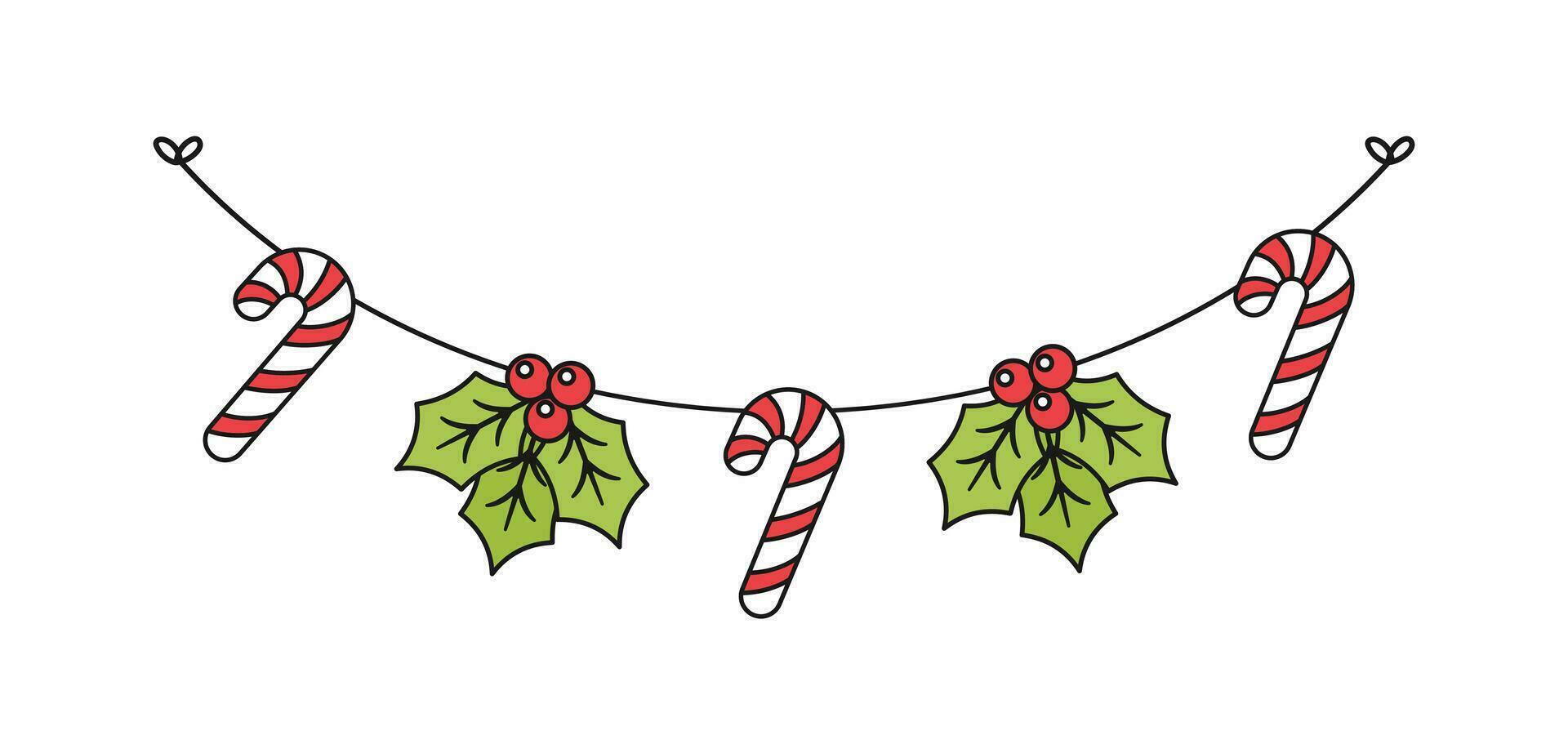 Mistletoe and Candy Cane Garland Vector Illustration, Christmas Graphics Festive Winter Holiday Season Bunting