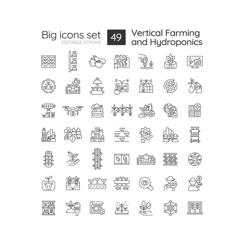 2d editable 49 grande íconos conjunto representando vertical agricultura y hidroponia, negro contorno vector. vector