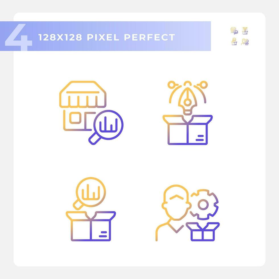 2D pixel perfect icons set representing product management, gradient thin line illustration. vector