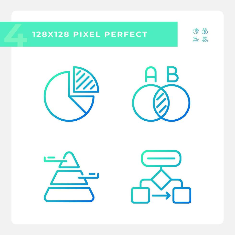 Data presentation gradient linear vector icons set. Charts and diagrams. Marketing report. Business decision. Thin line contour symbol designs bundle. Isolated outline illustrations collection