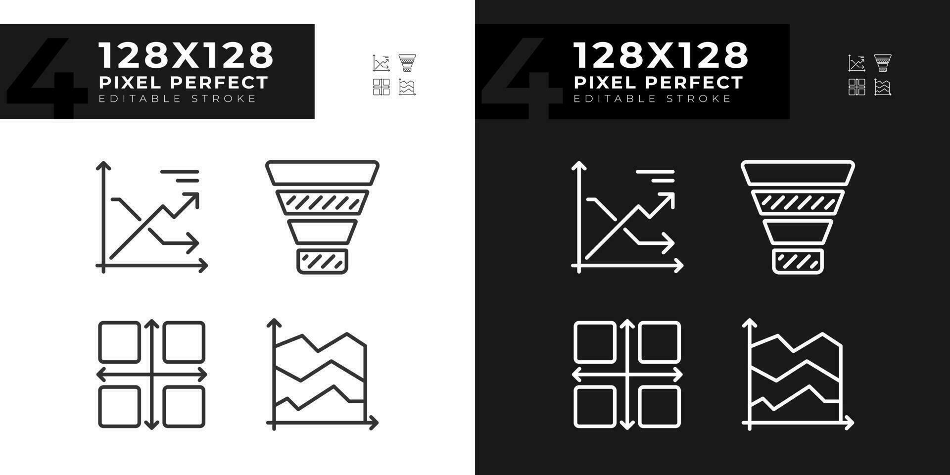 Marketing charts linear icons set for dark, light mode. Sales analysis. Social media. Process improvement. Thin line symbols for night, day theme. Isolated illustrations. Editable stroke vector