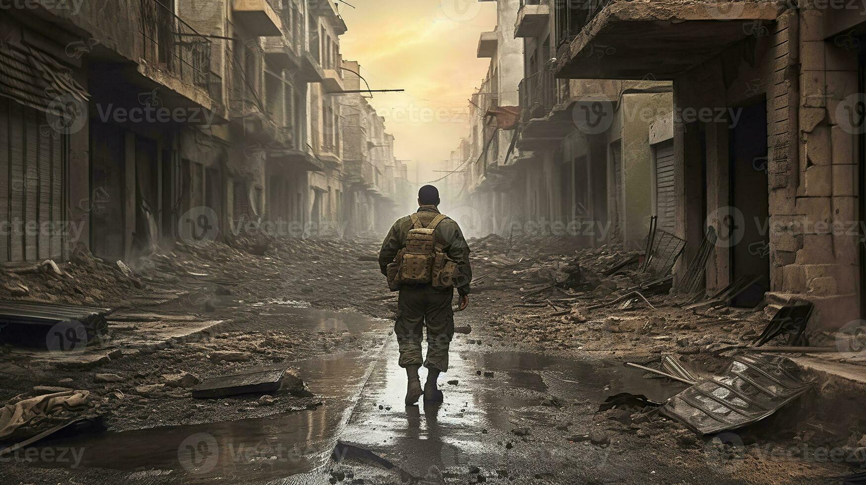 Solitude Amidst Ruin, The Resilient Soldier's Journey Through a Devastated City. Generative AI photo