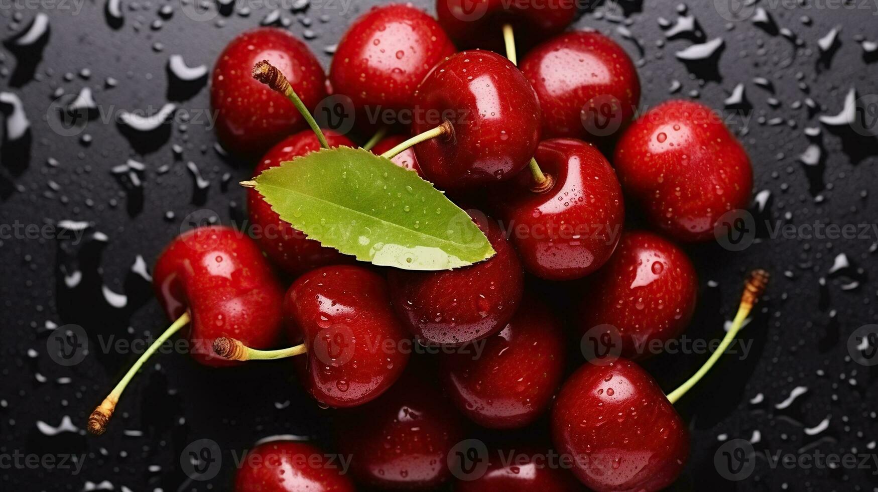 Bunch of fresh organic sweet cherries on textured background. Clean eating concept. Healthy nutritious vegan snack, Generative AI photo