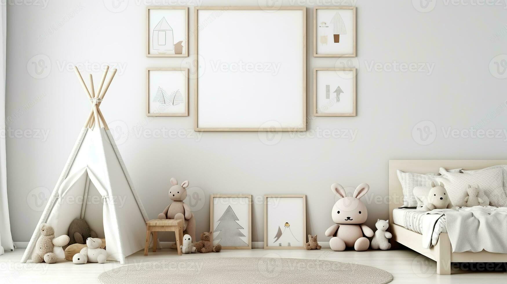 White wall with an empty vertical picture frame in a contemporary kids' room. Bed and toys cozy space for children. Generative AI photo