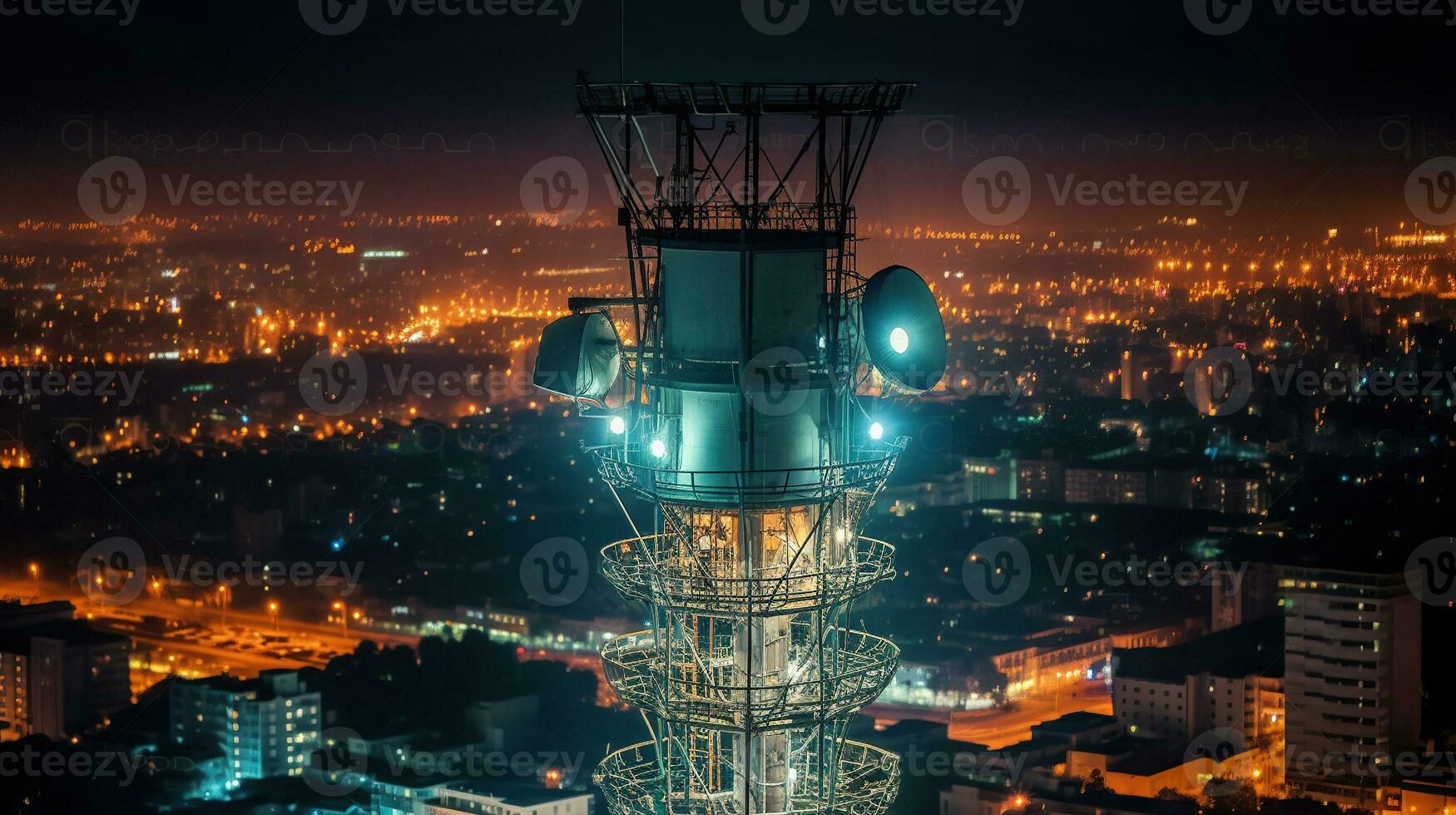 Antenna for the 5G cellular network atop a communications tower in a nighttime metropolis. Generative AI photo