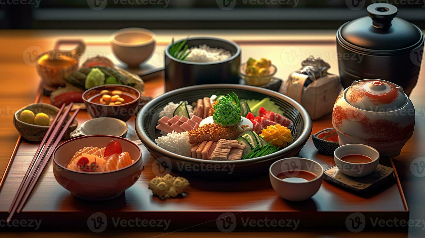 Japanese food mix on a restaurant table. Generative AI photo