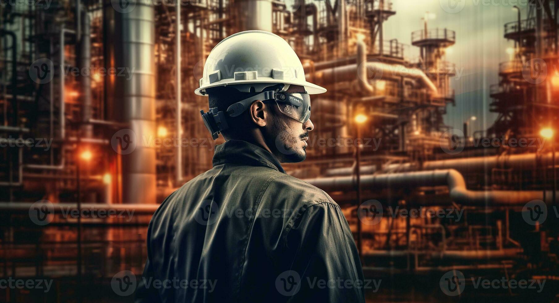 Double exposure of Engineer with oil refinery industry plant background. Generative AI photo
