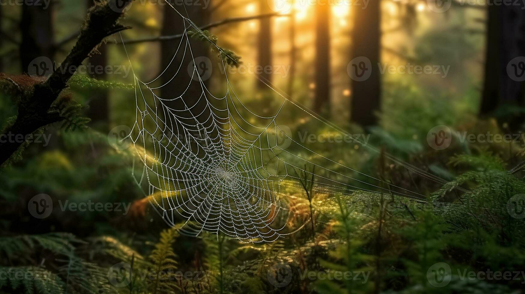 Naturkunstwerk, Ein Spinnennetz im Wald verzaubert. Generative AI photo