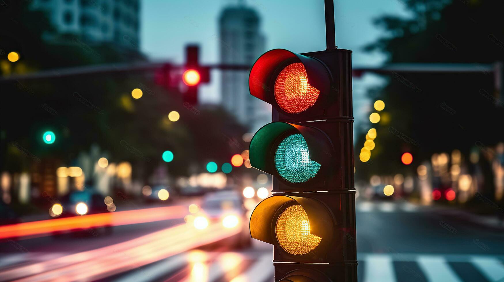 A traffic light at a street crossroads with a beautiful bokeh city and cars in the background. Generative AI photo