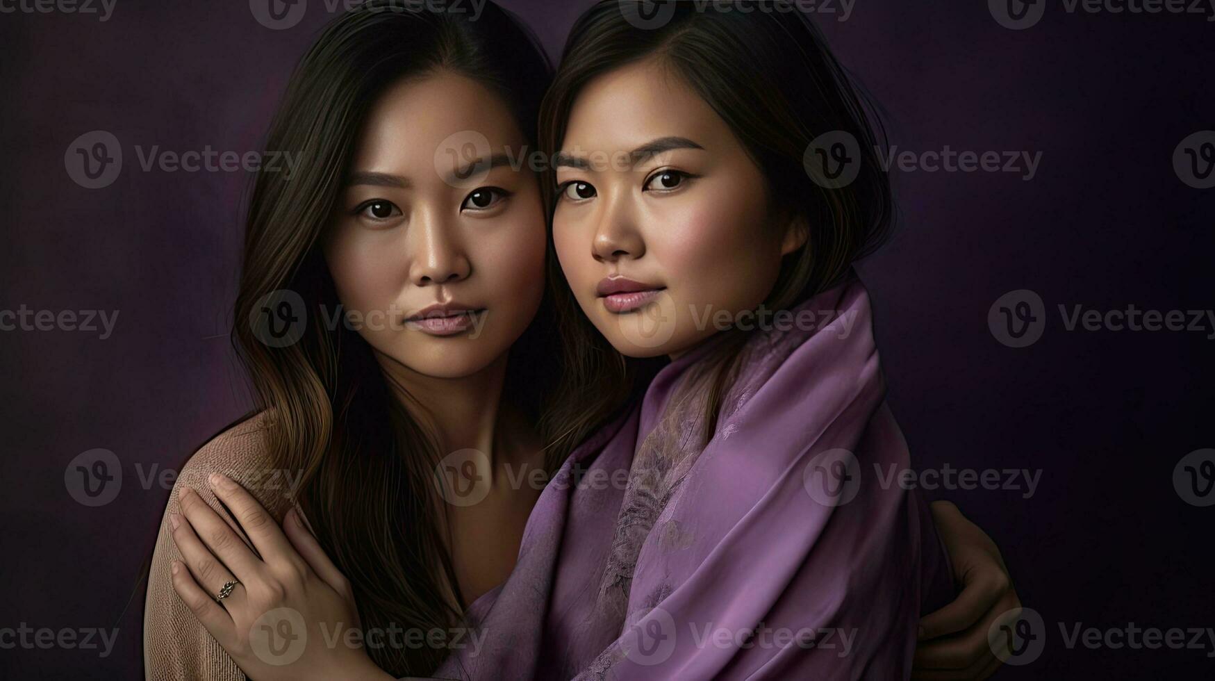 two women are hugging each other in a portrait with dark background AI Generative photo