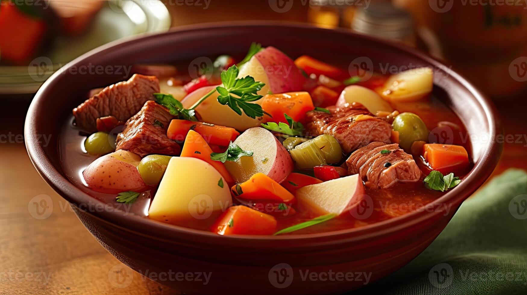 a bowl of stew with meat potatoes carrots and parsley in it on table photo