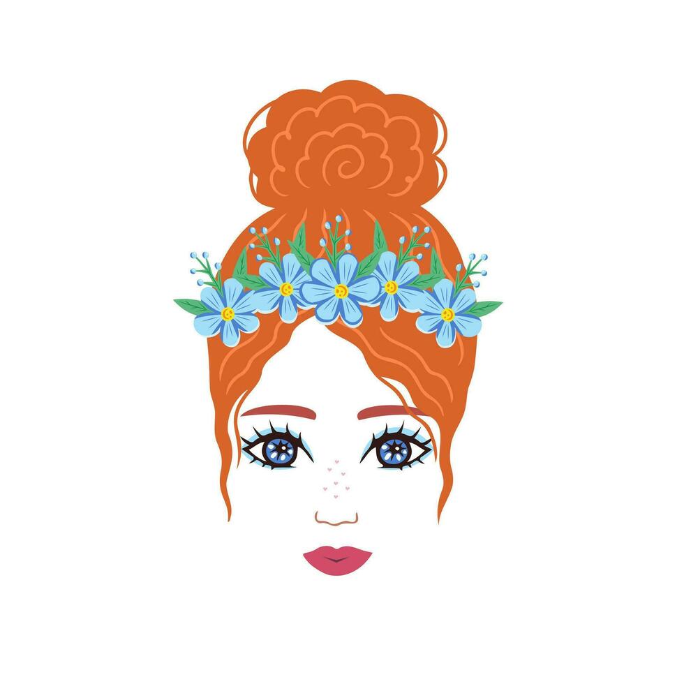 red hair girl with flower wreath. Illustration for printing, backgrounds and packaging. Image can be used for greeting cards, posters, stickers and textile. Isolated on white background. vector
