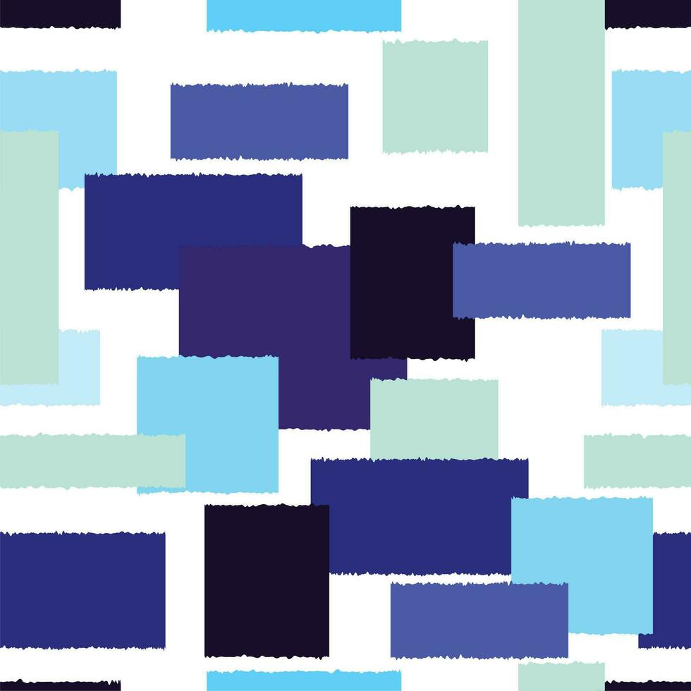 Paint brush squares background. Seamless pattern. Hand drawn geometric ornament. Freehand backdrop. Blue color vector