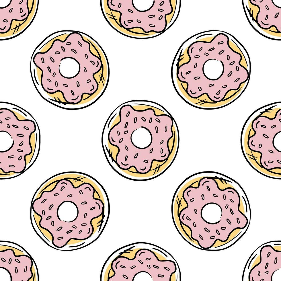 Doodle-style  donut seamless pattern. Pastry sweets, dessert. Hand drawn vector colored outline pattern. Yellow and pink.