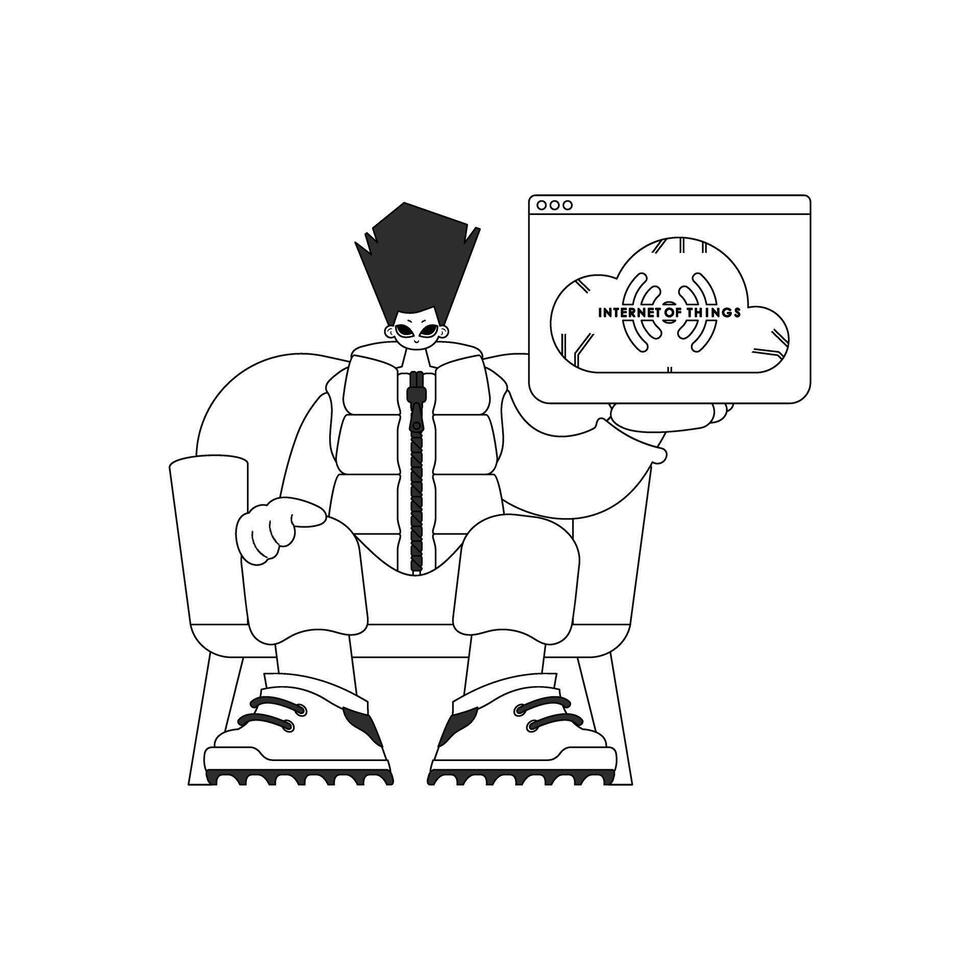 A person displaying a logo symbolising the 'Internet of Things', in a simplistic, art style vector