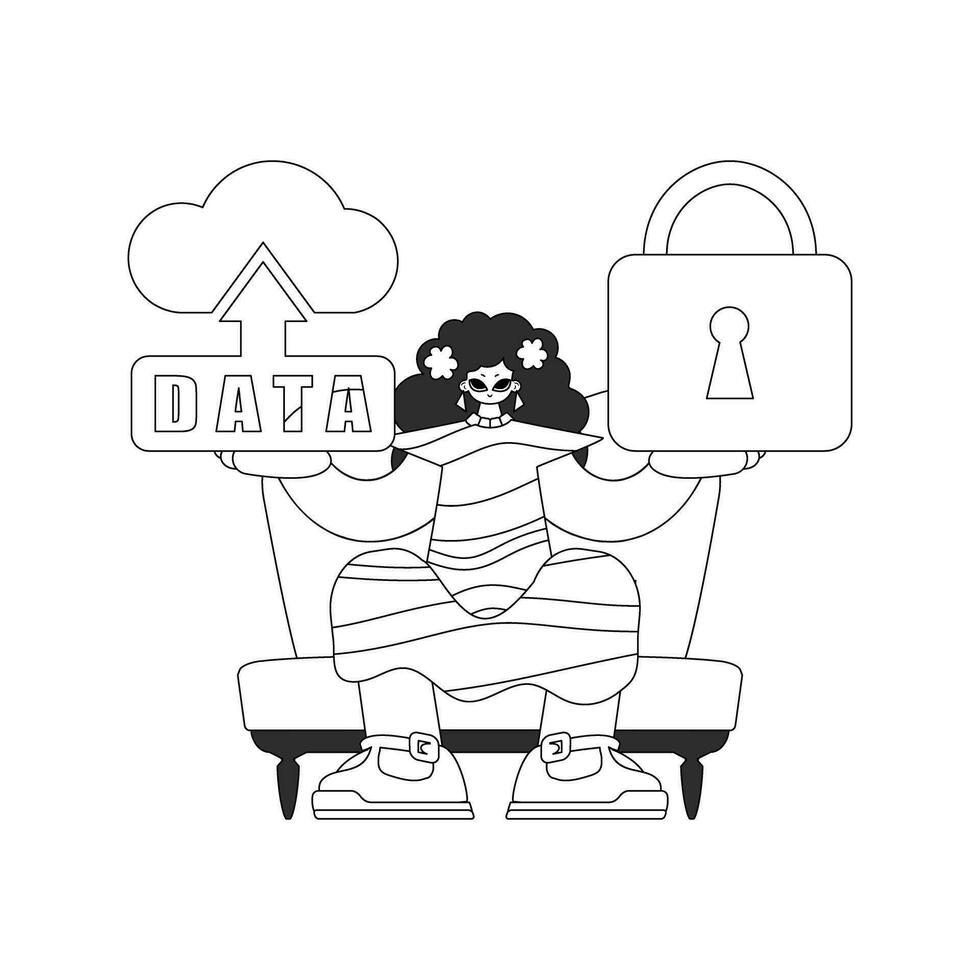 Girl holds logo of cloud storage for Internet of Things, a vector image in linear style