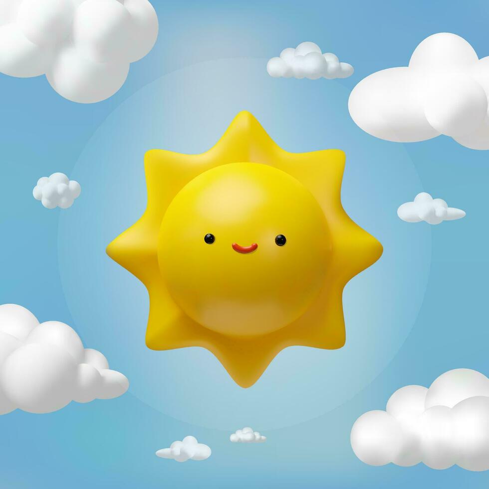 3D render sunny funny weather. Plastic Sun character, blue sky and fluffy cloud for kids. Clearly bright forecast. Warm climate. Meteorology emoticon background for summer season. vector