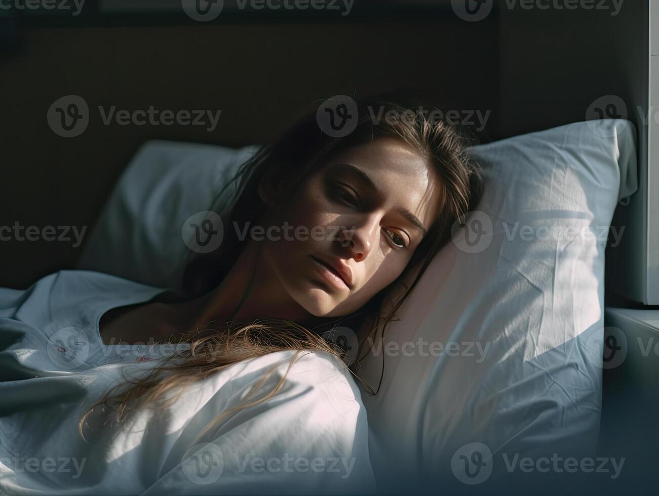 a woman laying in bed with her eyes closed photo
