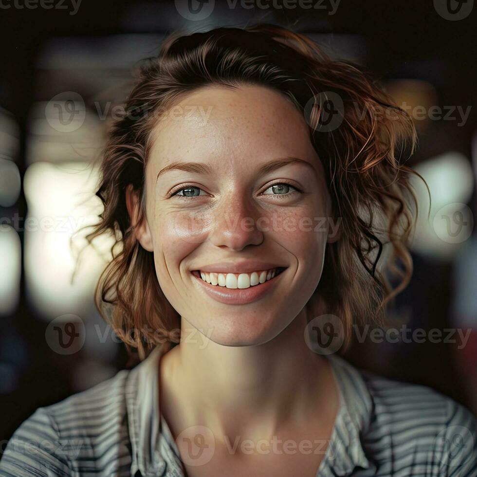 un mujer con sonrisa en su cara y gris camisa ai generativo foto
