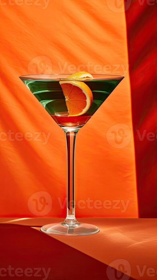 a martini glass with slice of orange on the rim and green garnish in rim photo